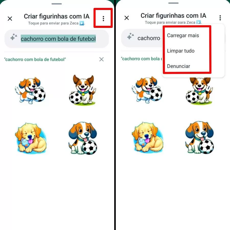 menu Criar figurinha com IA há três opções