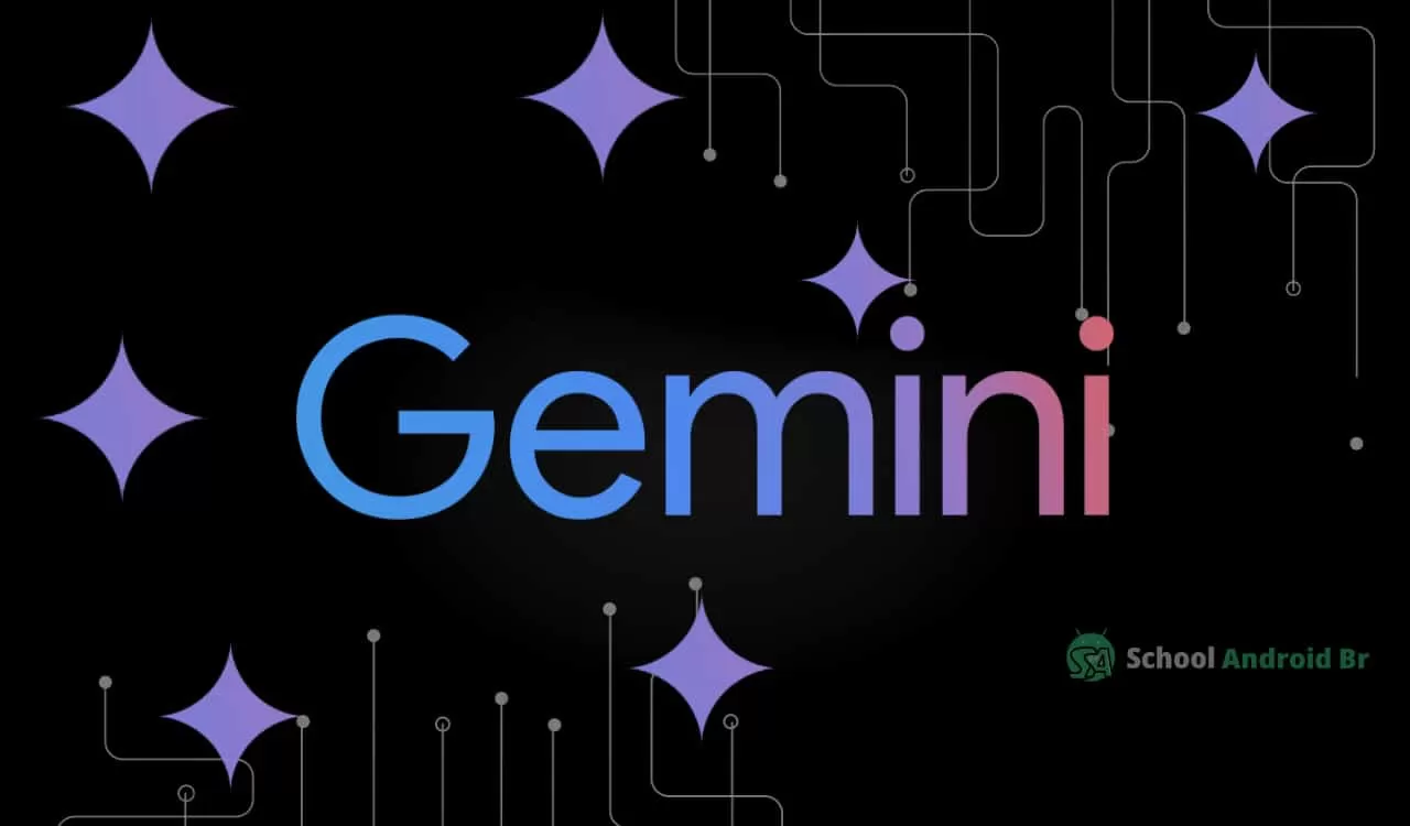 Logotipo do Gemini ao centro, com fundo preto, linhas brancas que se estendem como trilhas e pontos brancos no final de cada linha