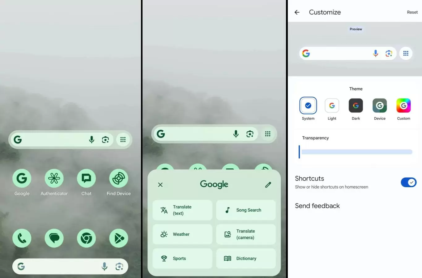 novo design do widget de pesquisa de aplicativos do Google