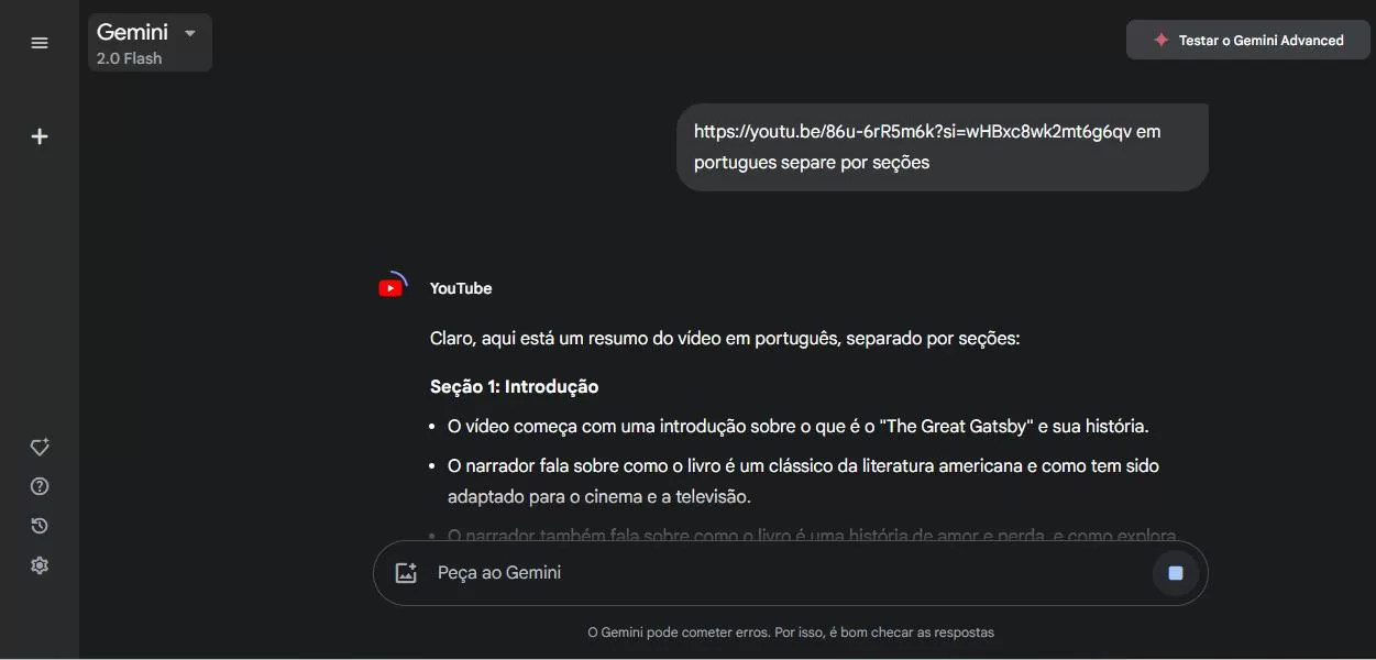 Resumo do vídeo do Gemini 2.0 Flash no YouTube